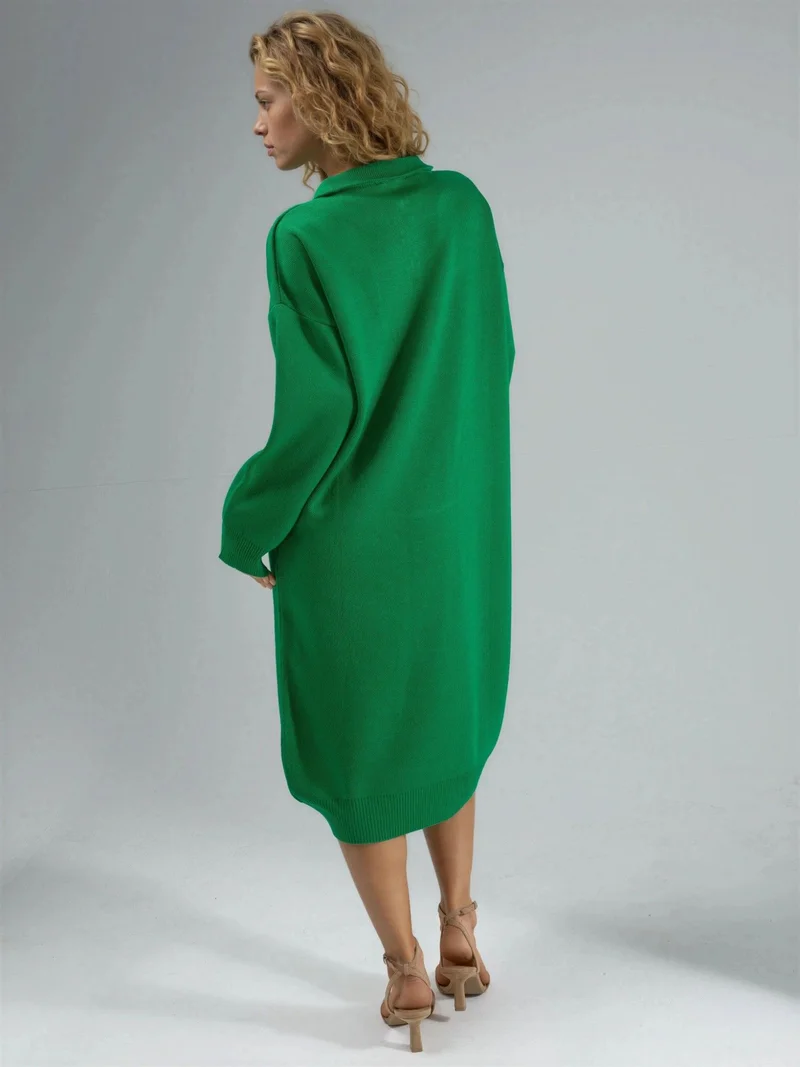 My Fashion Green MY FASHION Ribbed Knit Midi Dress with Zipper Collar for Women | Best Price UAE